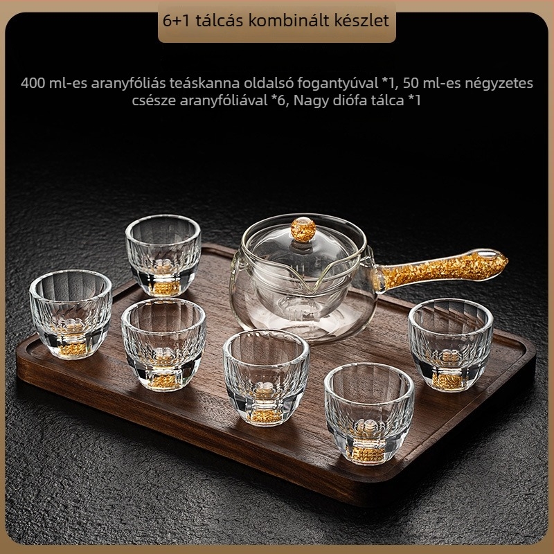 Elegáns teáskanna beépített szűrővel és tea elválasztóval, oldalsó fogantyúval, aranyfóliás fogantyúval, hőálló