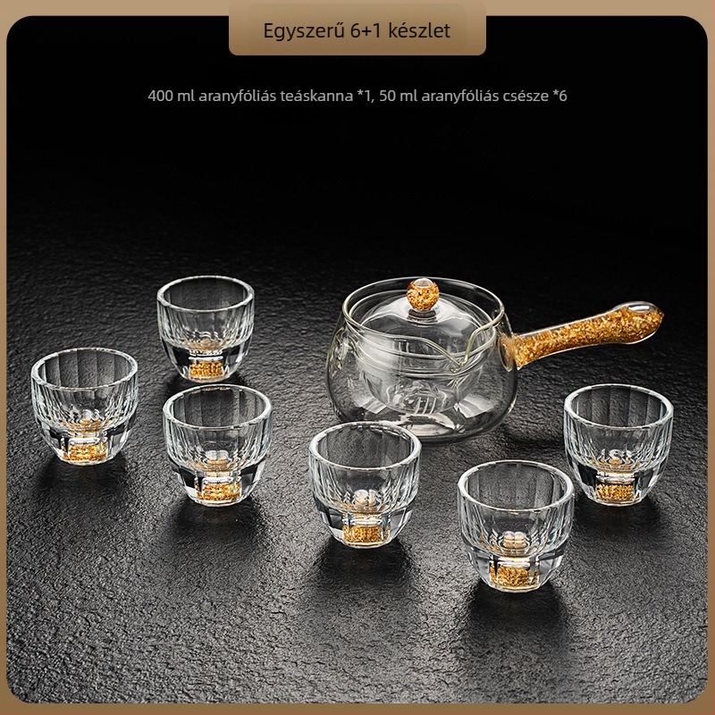 Elegáns teáskanna beépített szűrővel és tea elválasztóval, oldalsó fogantyúval, aranyfóliás fogantyúval, hőálló
