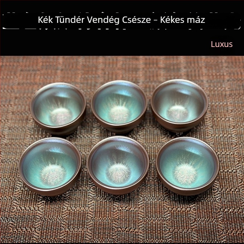 Kézzel készített kék mázas teás tál kapukkal, rózsaszín szépség, pohár tálaláshoz és pohár vendég számára