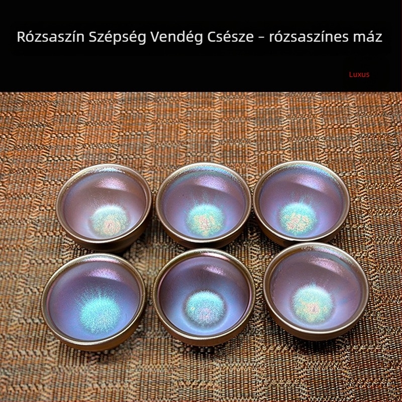 Kézzel készített kék mázas teás tál kapukkal, rózsaszín szépség, pohár tálaláshoz és pohár vendég számára