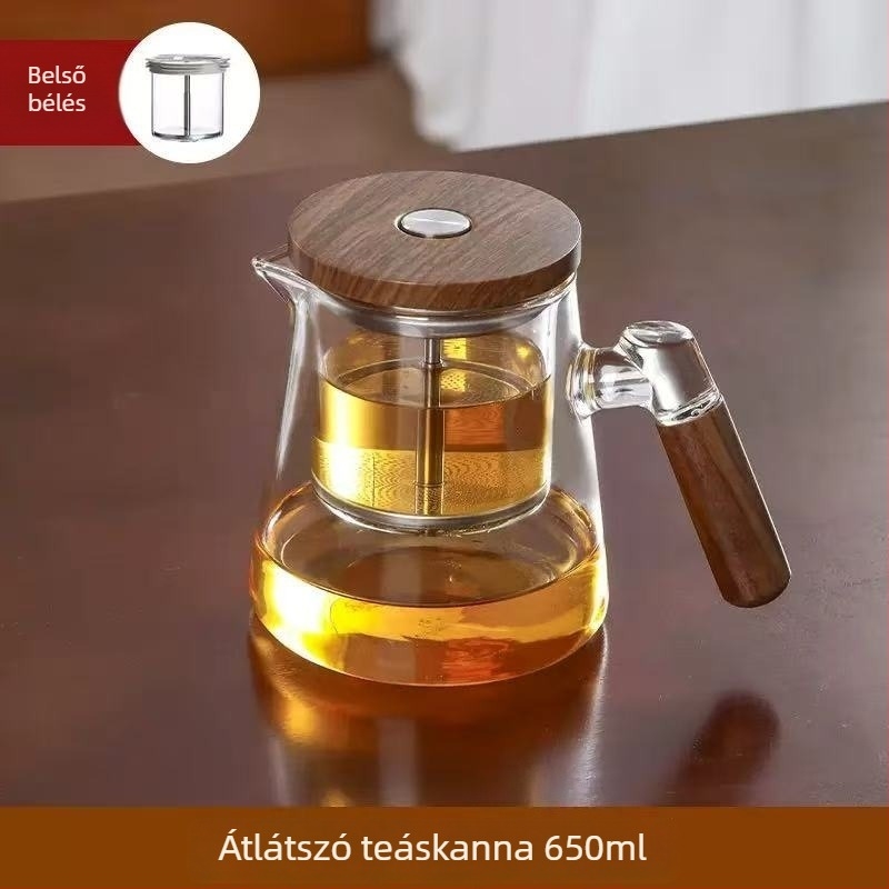 Elegáns otthoni teáskanna egy gombnyomásos tea-víz elválasztással, nyomásos típus, 2025-ös modell, teljesen üveg belsővel