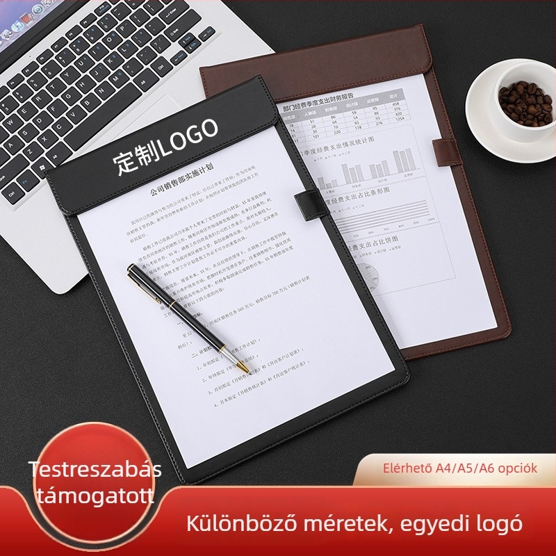 Bőr A4-es dokumentum mappa írófelülettel és aláírási táblával megbeszélésekhez, logóval