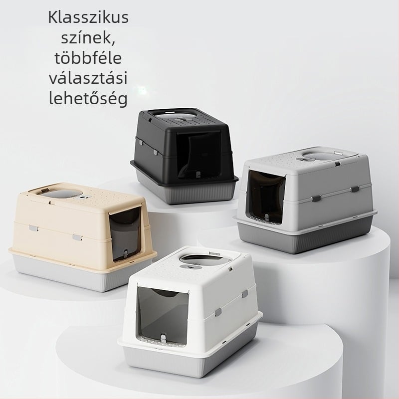 Teljesen zárt extralig macskaalomtálca magas kerítéssel, zárt fedéllel, fröcsögés elleni, kiömlés elleni, mosható