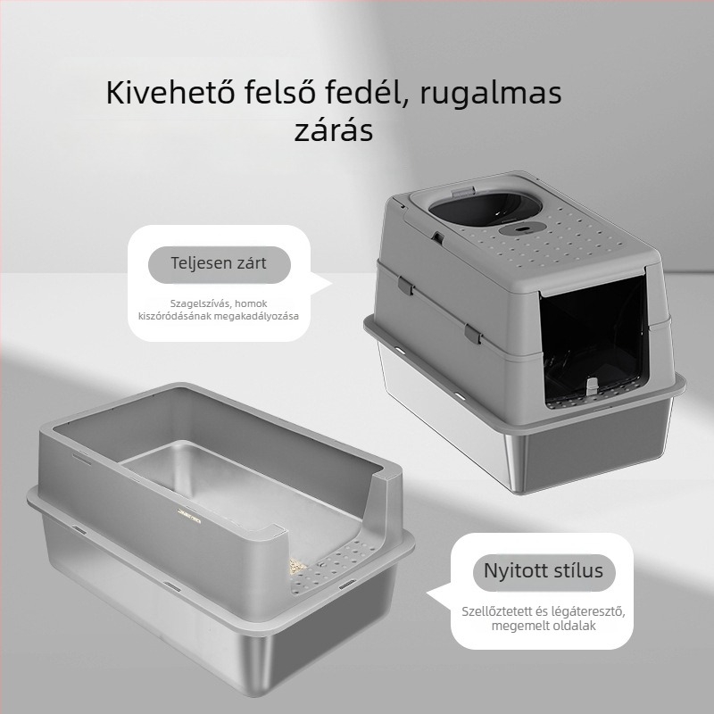 Teljesen zárt extralig macskaalomtálca magas kerítéssel, zárt fedéllel, fröcsögés elleni, kiömlés elleni, mosható