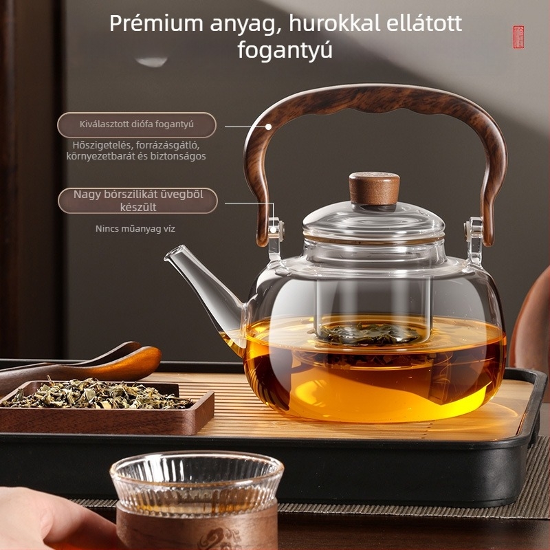 Üvegből készült teáskanna fogantyúval, víz–tea elválasztási funkcióval, virágtea teáskanna, teafőző készlet, hőálló üveg
