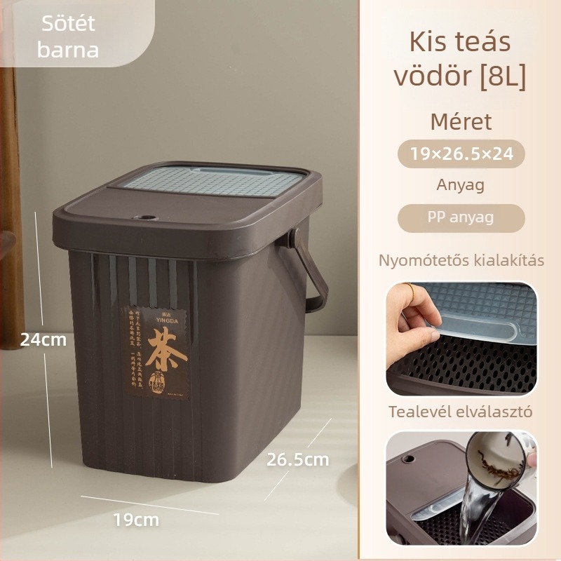 Műanyag teahulladék-gyűjtő szűrővel, száraz-nedves szétválasztás, négyzet alakú, 8 liter