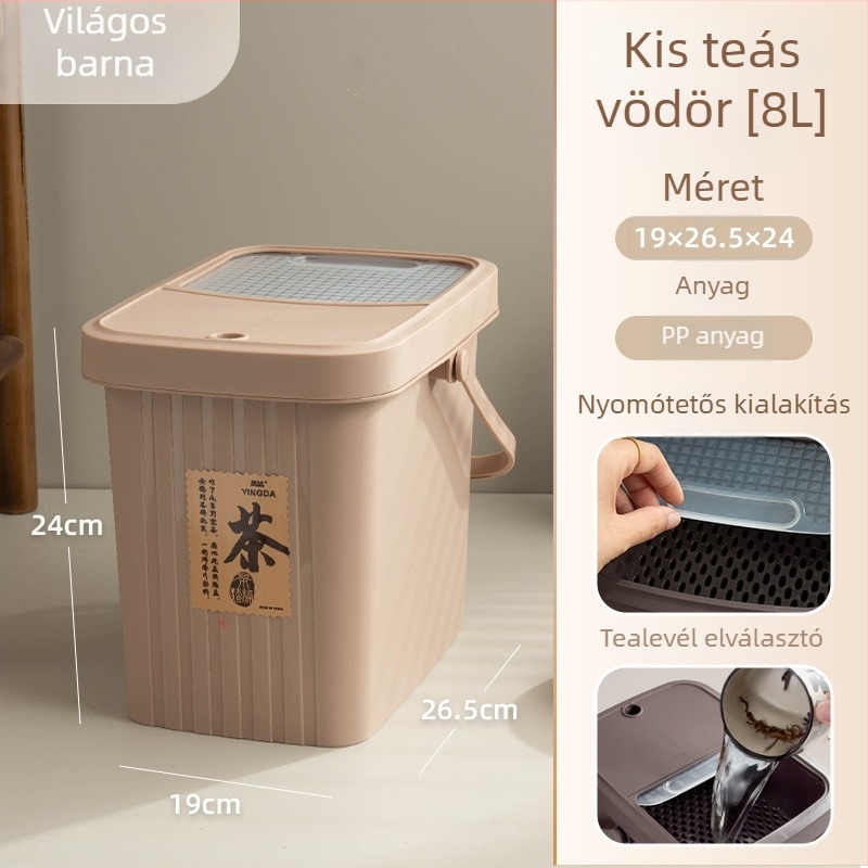 Műanyag teahulladék-gyűjtő szűrővel, száraz-nedves szétválasztás, négyzet alakú, 8 liter