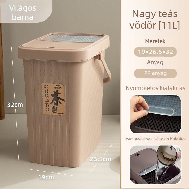 Műanyag teahulladék-gyűjtő szűrővel, száraz-nedves szétválasztás, négyzet alakú, 8 liter