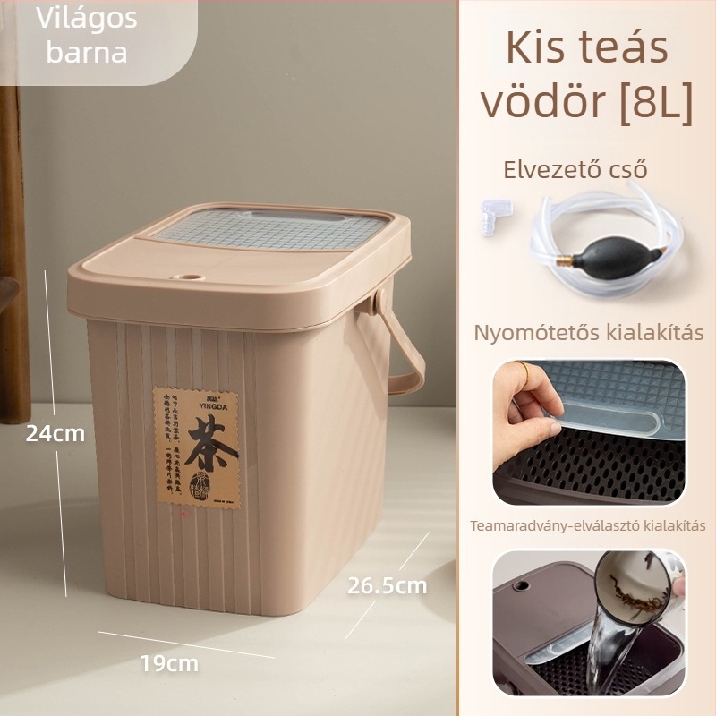 Műanyag teahulladék-gyűjtő szűrővel, száraz-nedves szétválasztás, négyzet alakú, 8 liter