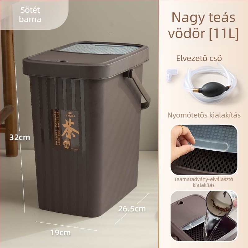 Műanyag teahulladék-gyűjtő szűrővel, száraz-nedves szétválasztás, négyzet alakú, 8 liter