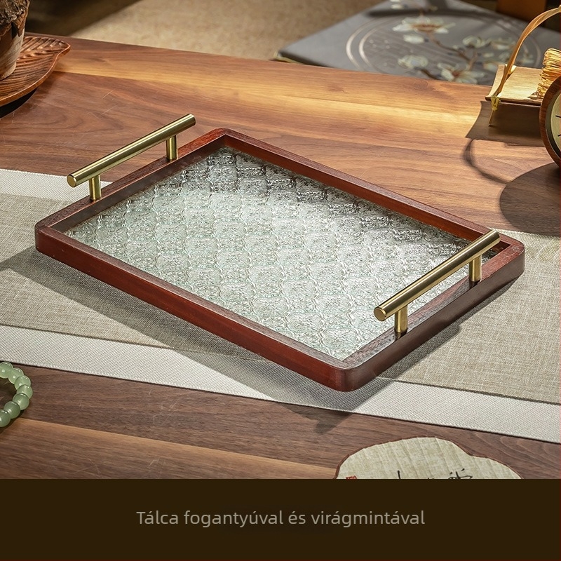 Retro begónia virágos teáskészlet, fa teás tálcával és bögrékkel, nappaliba való