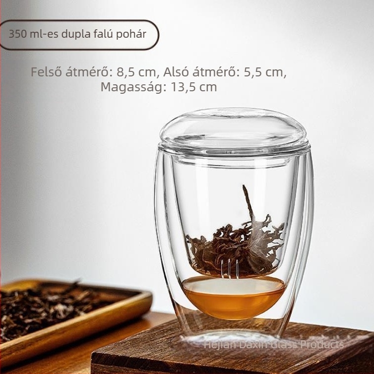 Tojás alakú, kétfalú üvegpohár teához fedővel és szűrővel, irodai háromdarabos készlet