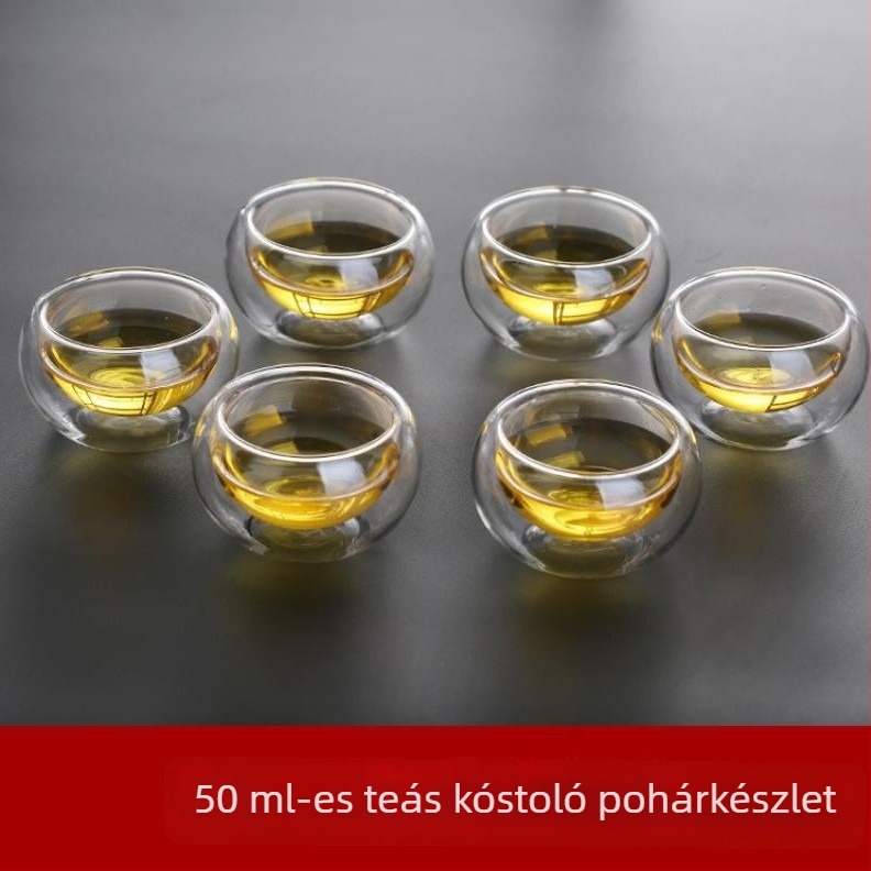 Tojás alakú, kétfalú üvegpohár teához fedővel és szűrővel, irodai háromdarabos készlet