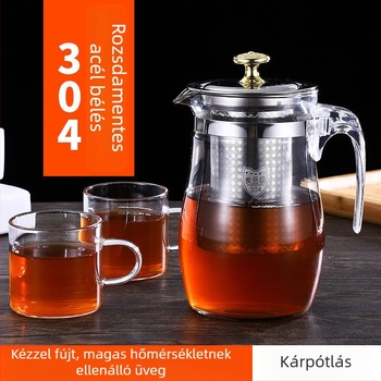 Üveg teáskanna rozsdamentes acél részletekkel, hőálló, teavíz elválasztó rendszerrel