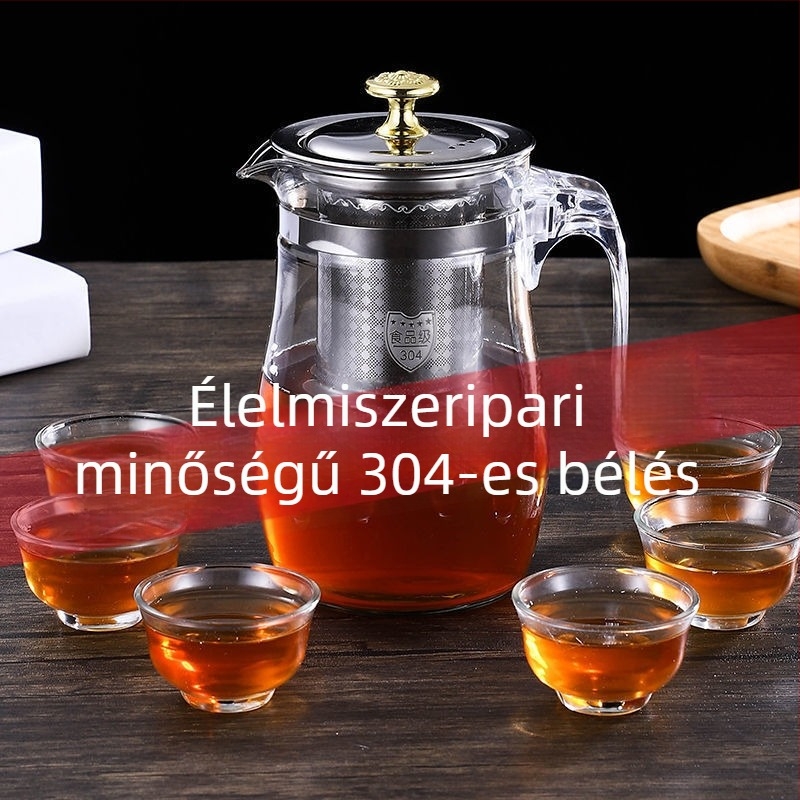 Üveg teáskanna rozsdamentes acél részletekkel, hőálló, teavíz elválasztó rendszerrel
