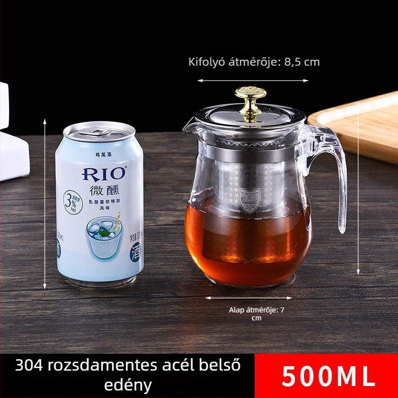 Üveg teáskanna rozsdamentes acél részletekkel, hőálló, teavíz elválasztó rendszerrel