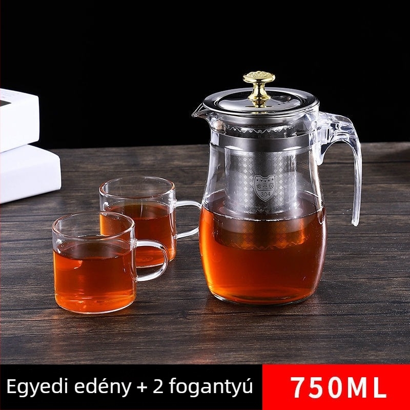 Üveg teáskanna rozsdamentes acél részletekkel, hőálló, teavíz elválasztó rendszerrel