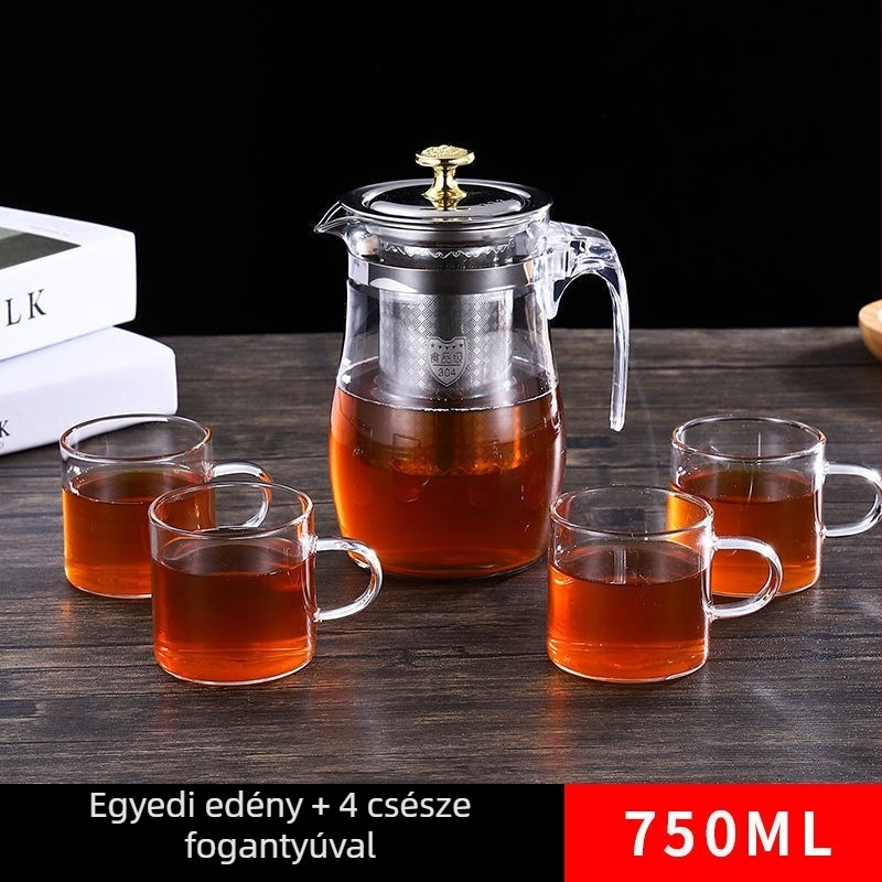 Üveg teáskanna rozsdamentes acél részletekkel, hőálló, teavíz elválasztó rendszerrel
