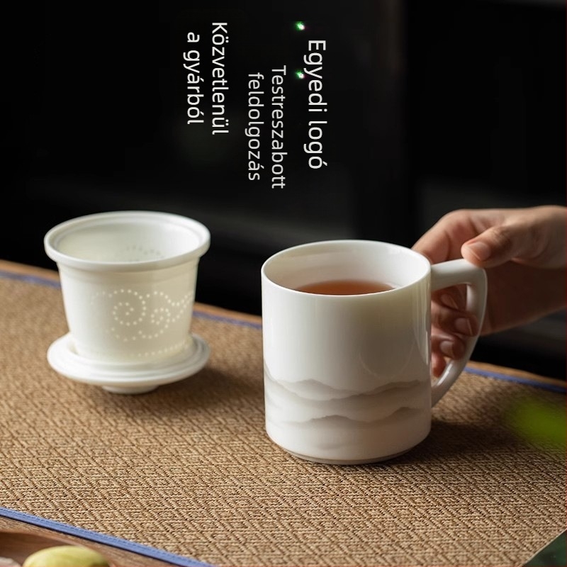 Dehua fehér porcelán teás pohár fedővel és szűrővel, három darabos teáskészlet tea-víz szeparációval, irodai használatra