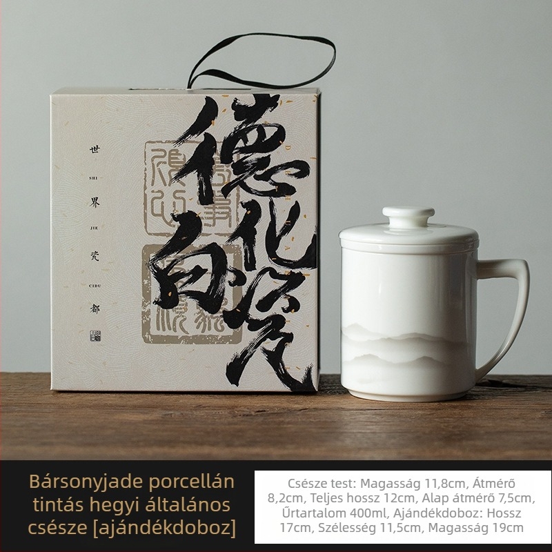 Dehua fehér porcelán teás pohár fedővel és szűrővel, három darabos teáskészlet tea-víz szeparációval, irodai használatra