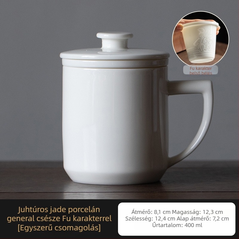 Dehua fehér porcelán teás pohár fedővel és szűrővel, három darabos teáskészlet tea-víz szeparációval, irodai használatra