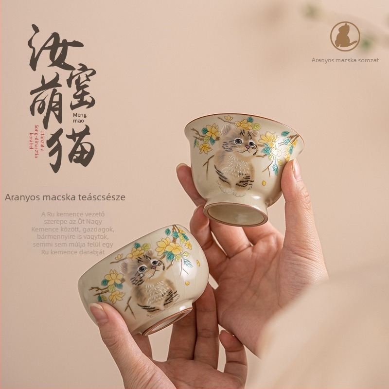 Ruyao porcelán teáscsésze aranyos macskamintával, bézs színben, nagy kapacitás, repedezett máz, Gongfu teához