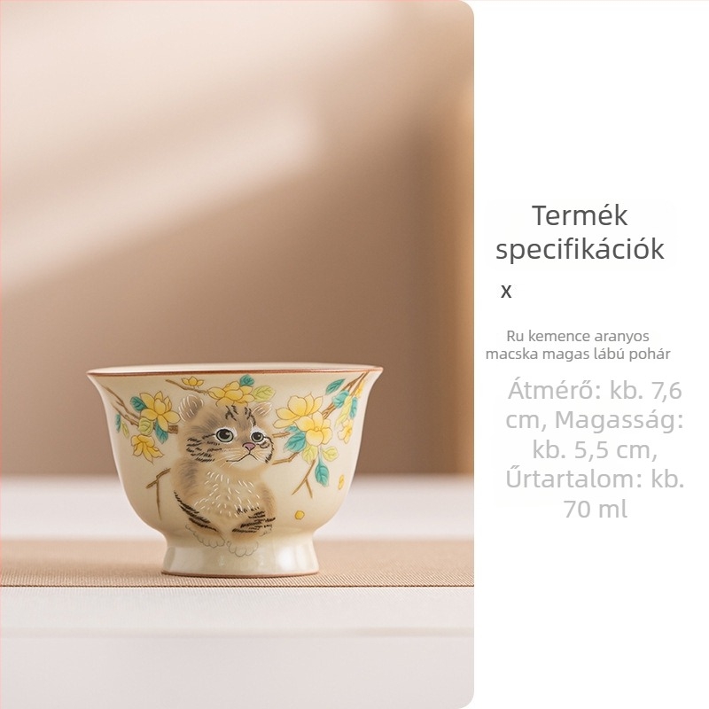 Ruyao porcelán teáscsésze aranyos macskamintával, bézs színben, nagy kapacitás, repedezett máz, Gongfu teához
