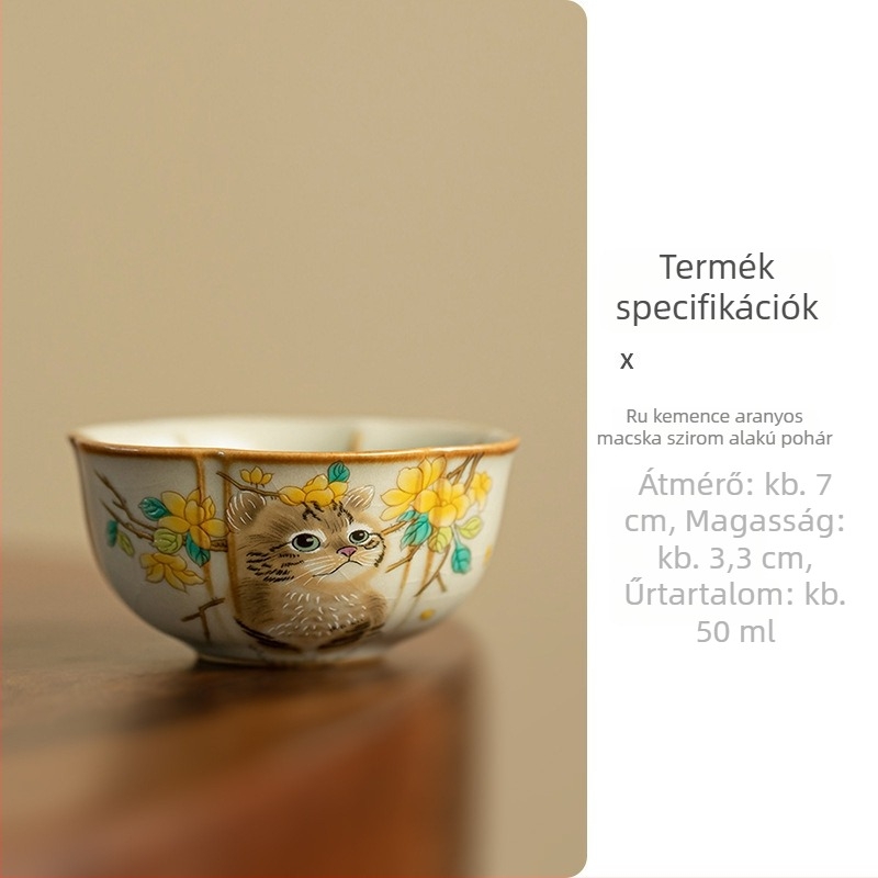 Ruyao porcelán teáscsésze aranyos macskamintával, bézs színben, nagy kapacitás, repedezett máz, Gongfu teához