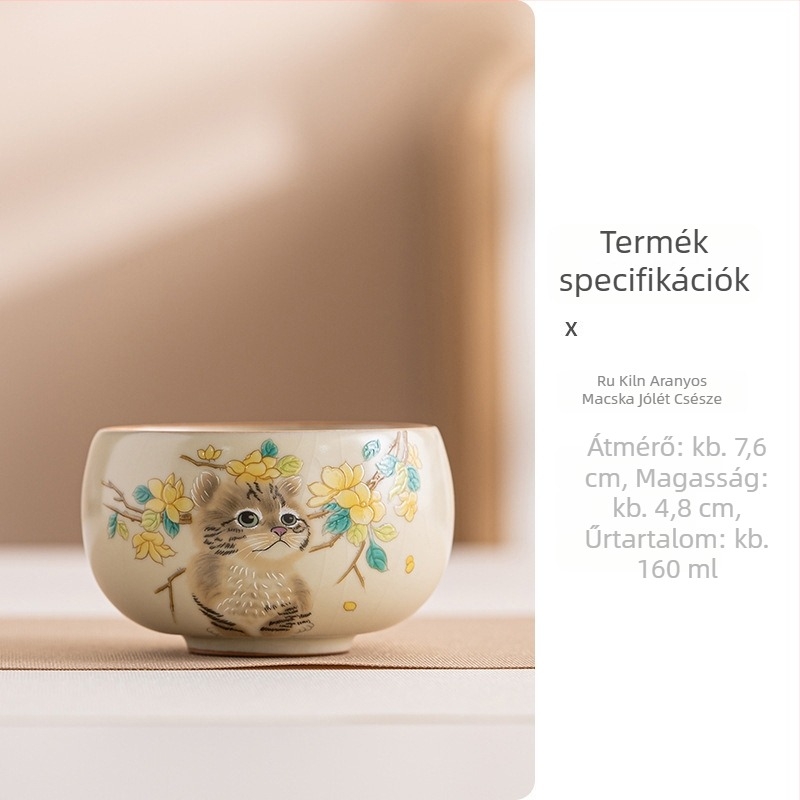 Ruyao porcelán teáscsésze aranyos macskamintával, bézs színben, nagy kapacitás, repedezett máz, Gongfu teához