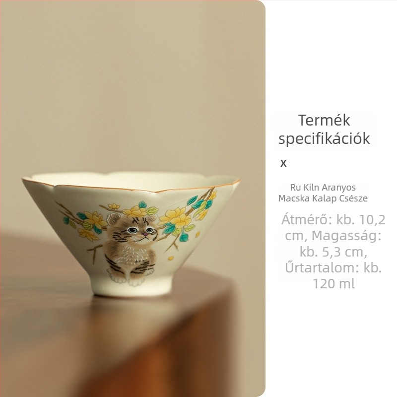 Ruyao porcelán teáscsésze aranyos macskamintával, bézs színben, nagy kapacitás, repedezett máz, Gongfu teához