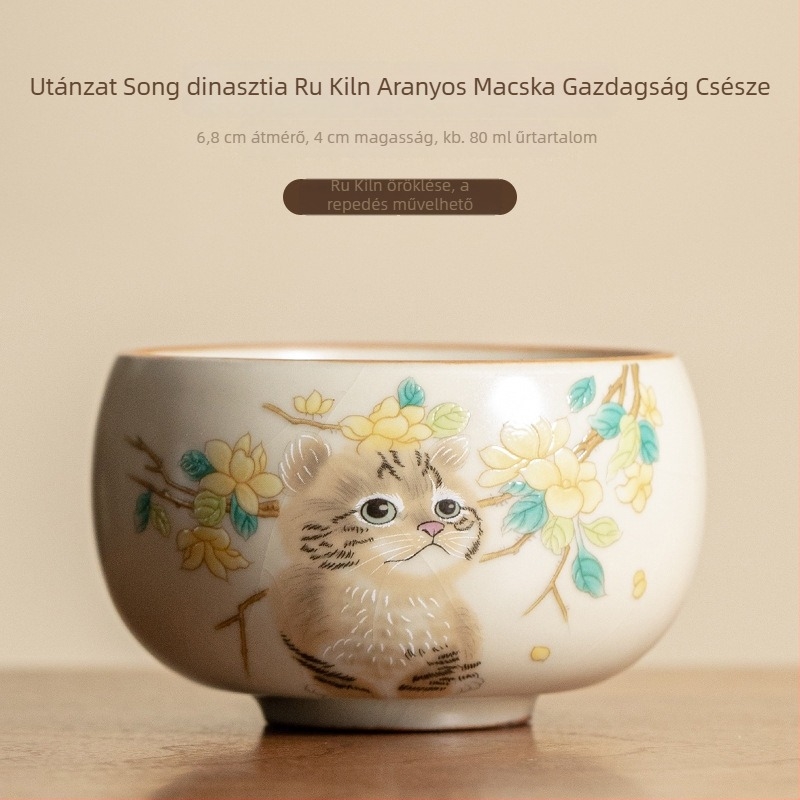 Ruyao porcelán teáscsésze aranyos macskamintával, bézs színben, nagy kapacitás, repedezett máz, Gongfu teához