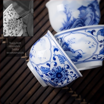 Kézzel festett kék-fehér kerámia teás pohár tájkép, prémium porcelán, Kung Fu teás pohár