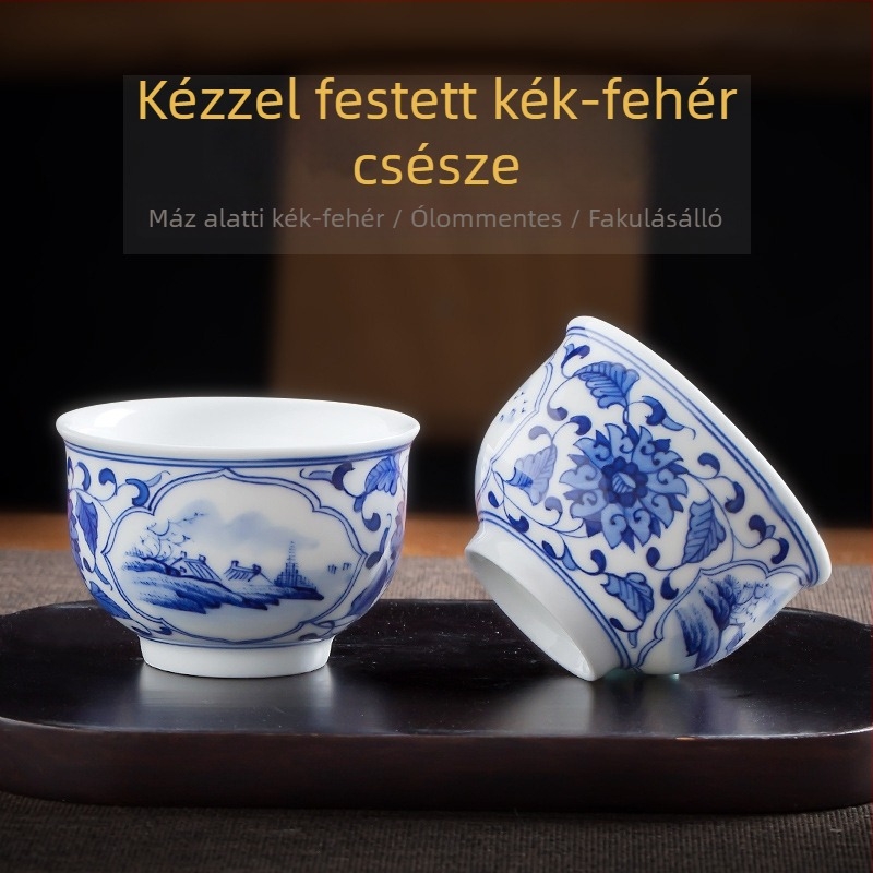 Kézzel festett kék-fehér kerámia teás pohár tájkép, prémium porcelán, Kung Fu teás pohár