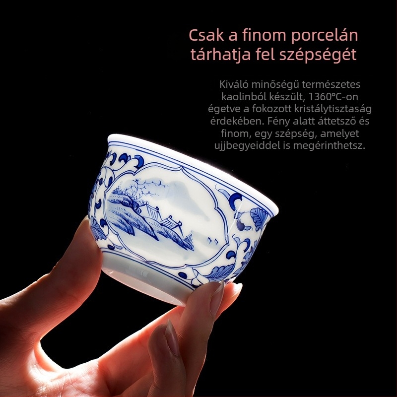 Kézzel festett kék-fehér kerámia teás pohár tájkép, prémium porcelán, Kung Fu teás pohár