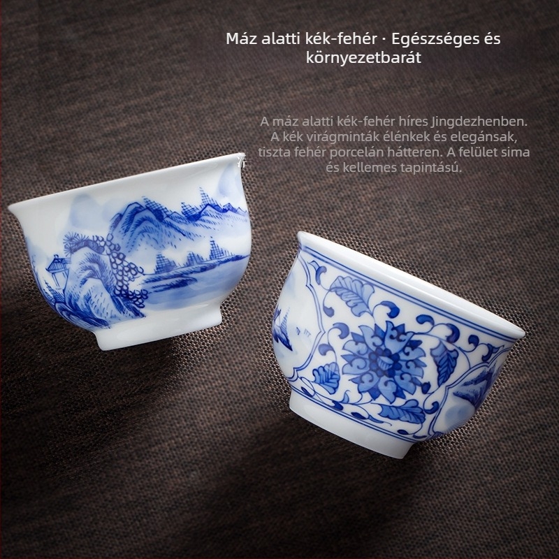 Kézzel festett kék-fehér kerámia teás pohár tájkép, prémium porcelán, Kung Fu teás pohár