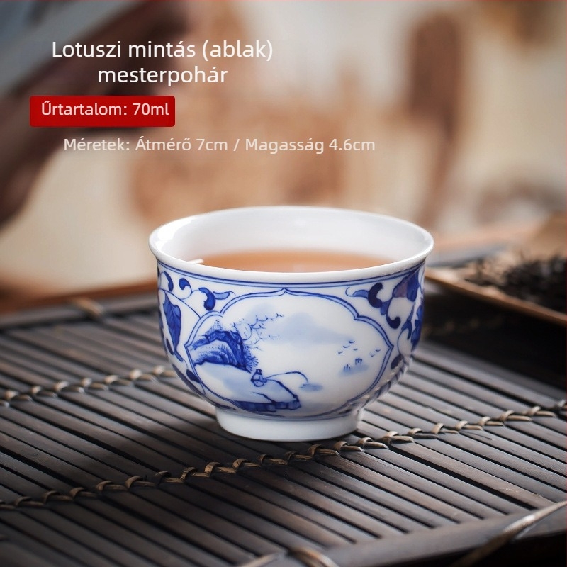 Kézzel festett kék-fehér kerámia teás pohár tájkép, prémium porcelán, Kung Fu teás pohár