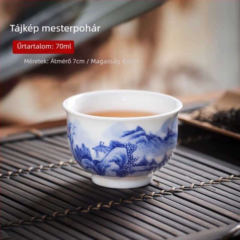 Kézzel festett kék-fehér kerámia teás pohár tájkép, prémium porcelán, Kung Fu teás pohár