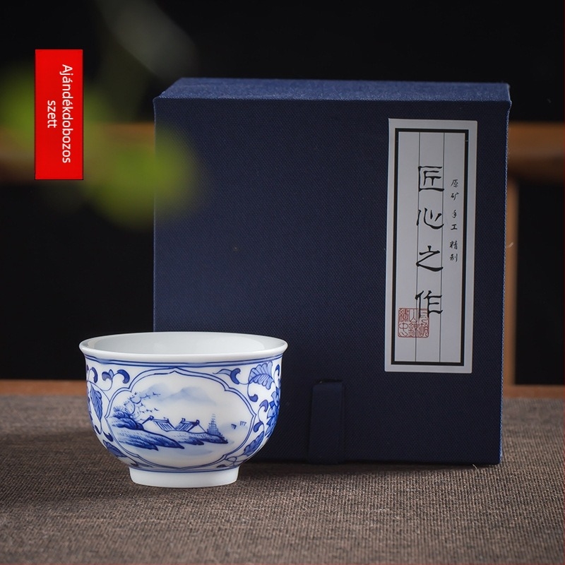 Kézzel festett kék-fehér kerámia teás pohár tájkép, prémium porcelán, Kung Fu teás pohár