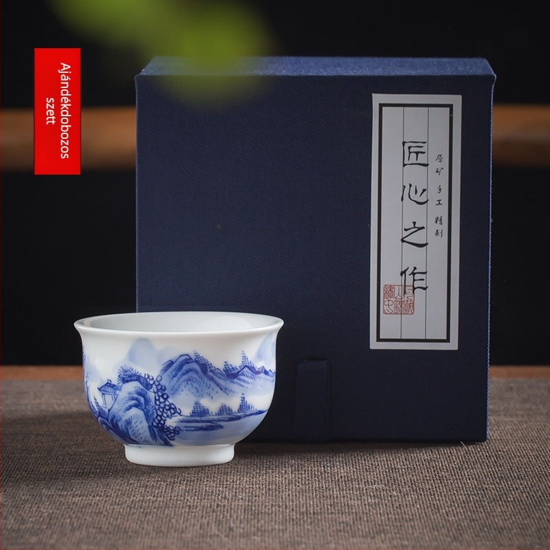 Kézzel festett kék-fehér kerámia teás pohár tájkép, prémium porcelán, Kung Fu teás pohár