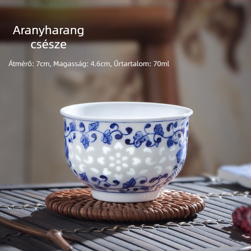 Kézzel festett kék-fehér kerámia teás pohár tájkép, prémium porcelán, Kung Fu teás pohár