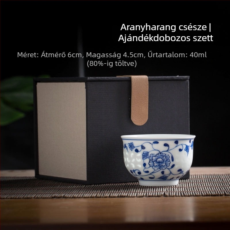 Kézzel festett kék-fehér kerámia teás pohár tájkép, prémium porcelán, Kung Fu teás pohár