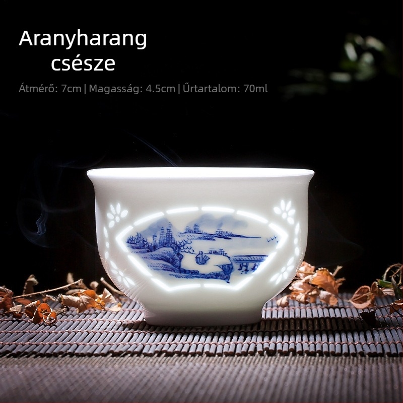 Kézzel festett kék-fehér kerámia teás pohár tájkép, prémium porcelán, Kung Fu teás pohár