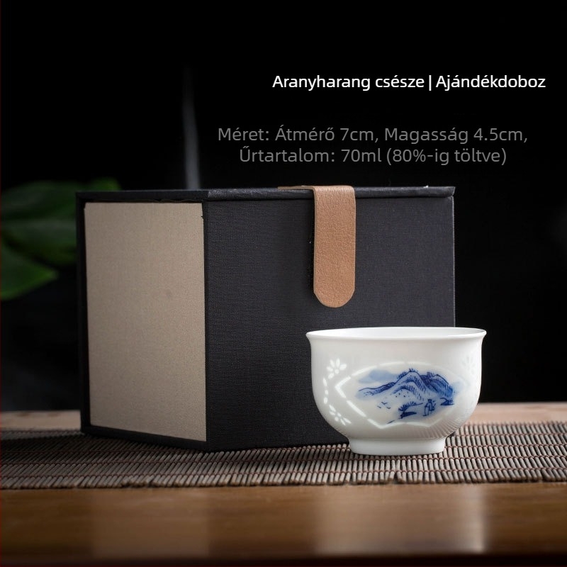 Kézzel festett kék-fehér kerámia teás pohár tájkép, prémium porcelán, Kung Fu teás pohár