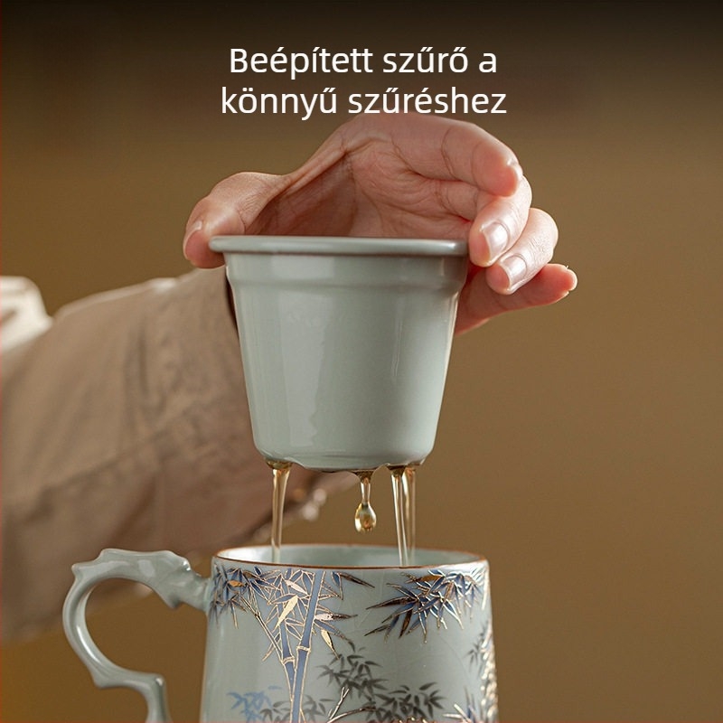 Ru Kiln porcelán teás pohár tea-víz elválasztóval, zöld tea elkészítéséhez, irodai és otthoni használatra, vállalati ajándék