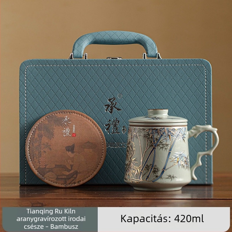 Ru Kiln porcelán teás pohár tea-víz elválasztóval, zöld tea elkészítéséhez, irodai és otthoni használatra, vállalati ajándék