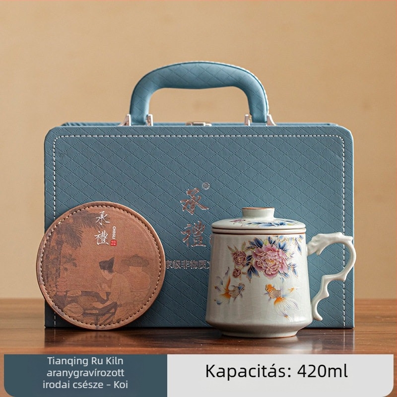 Ru Kiln porcelán teás pohár tea-víz elválasztóval, zöld tea elkészítéséhez, irodai és otthoni használatra, vállalati ajándék