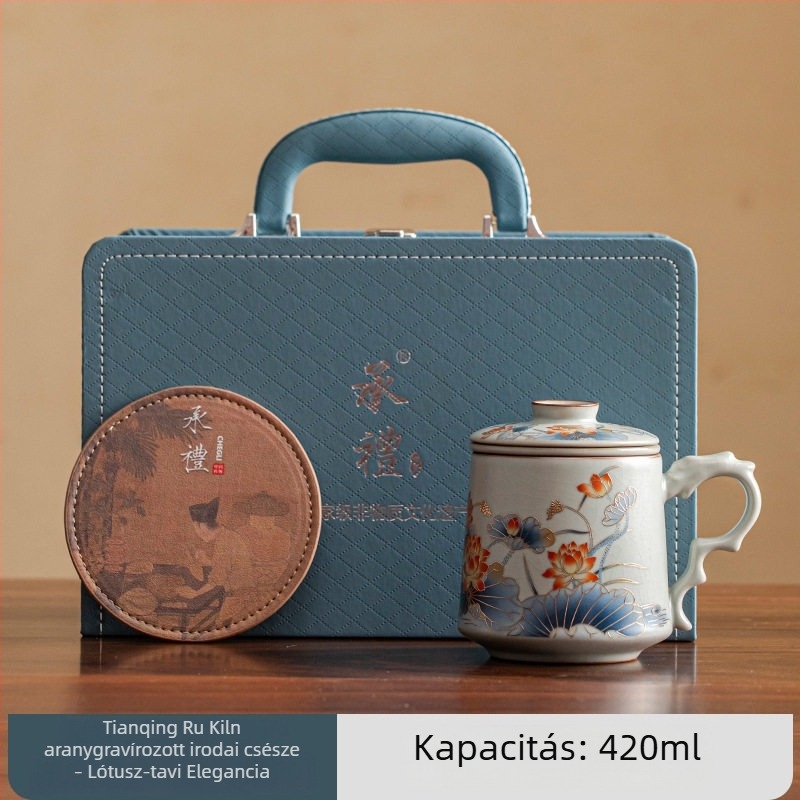 Ru Kiln porcelán teás pohár tea-víz elválasztóval, zöld tea elkészítéséhez, irodai és otthoni használatra, vállalati ajándék