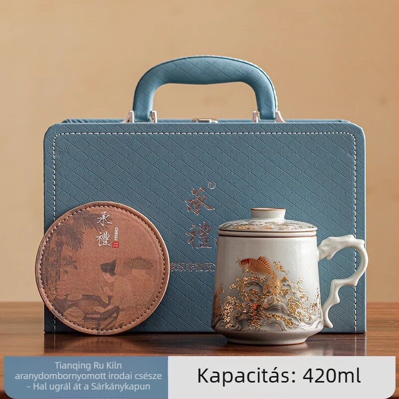 Ru Kiln porcelán teás pohár tea-víz elválasztóval, zöld tea elkészítéséhez, irodai és otthoni használatra, vállalati ajándék