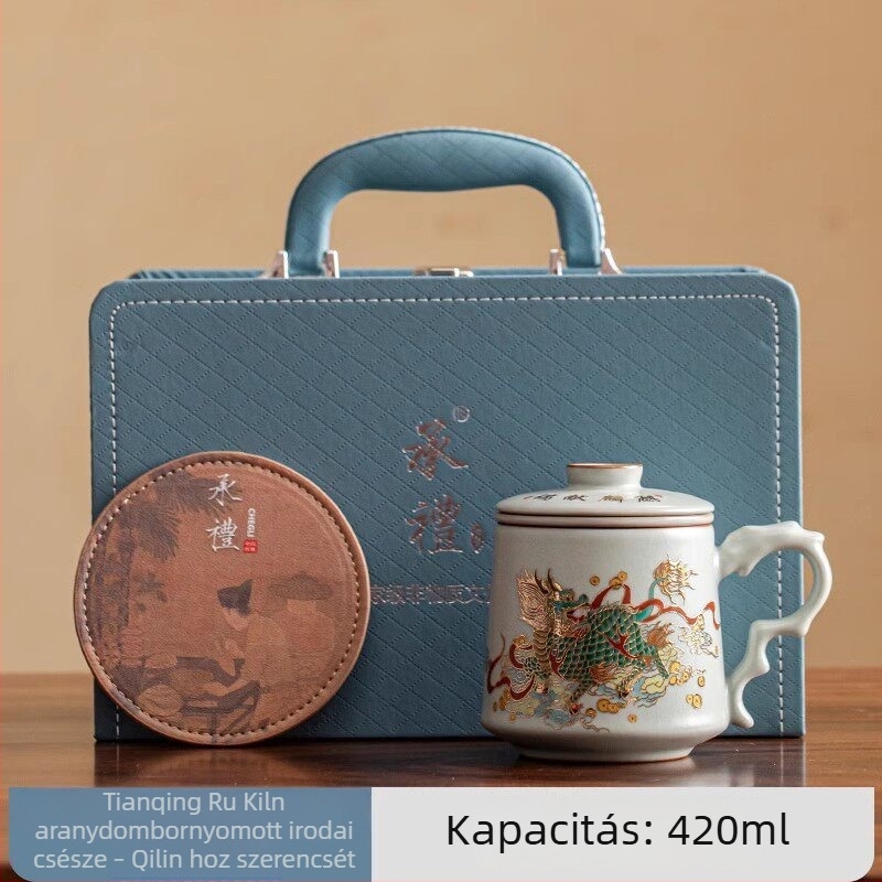 Ru Kiln porcelán teás pohár tea-víz elválasztóval, zöld tea elkészítéséhez, irodai és otthoni használatra, vállalati ajándék