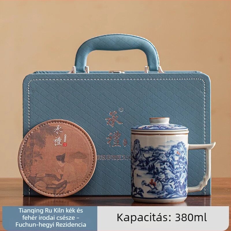 Ru Kiln porcelán teás pohár tea-víz elválasztóval, zöld tea elkészítéséhez, irodai és otthoni használatra, vállalati ajándék